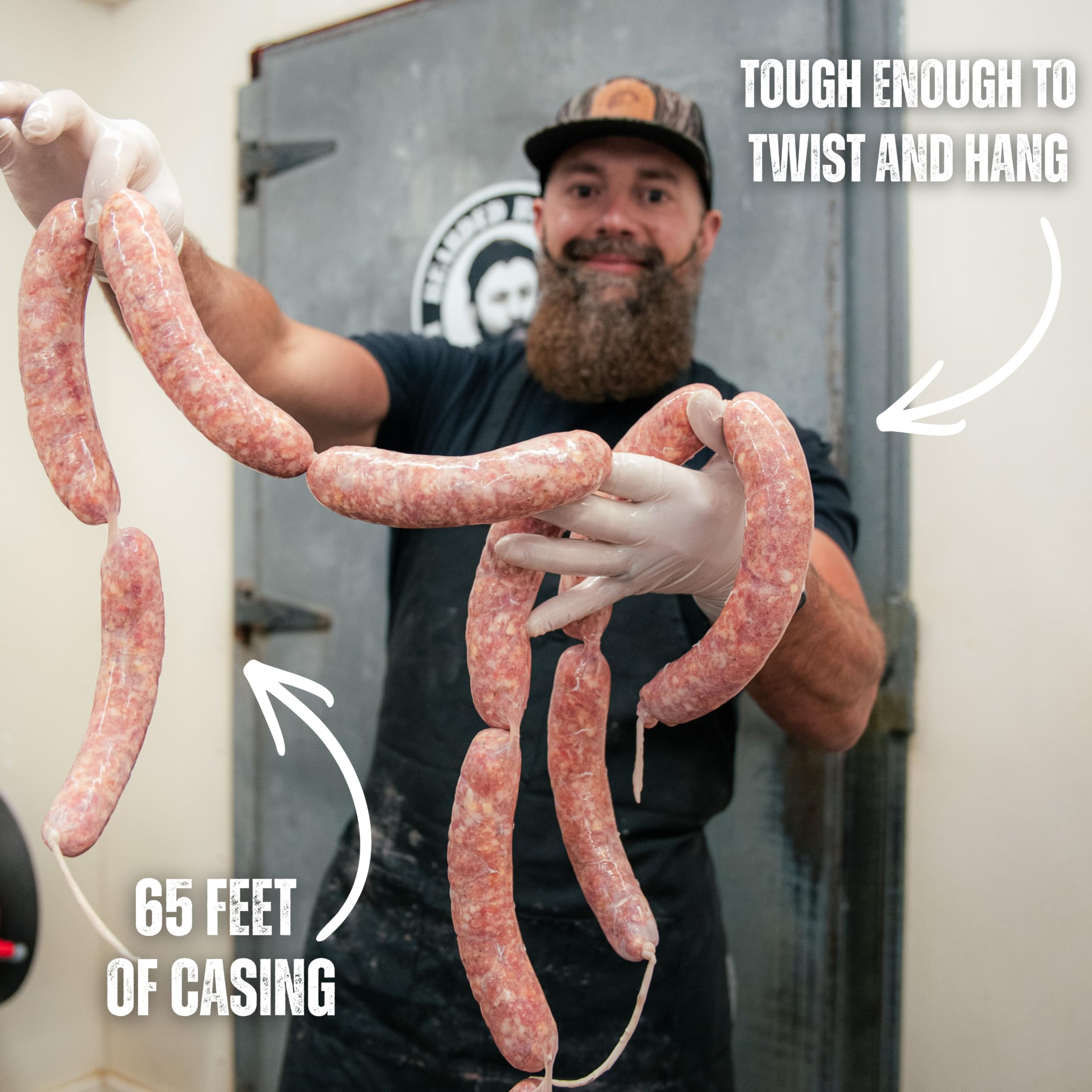 Bearded Butchers casings loaded onto a sausage stuffer for easy filling.