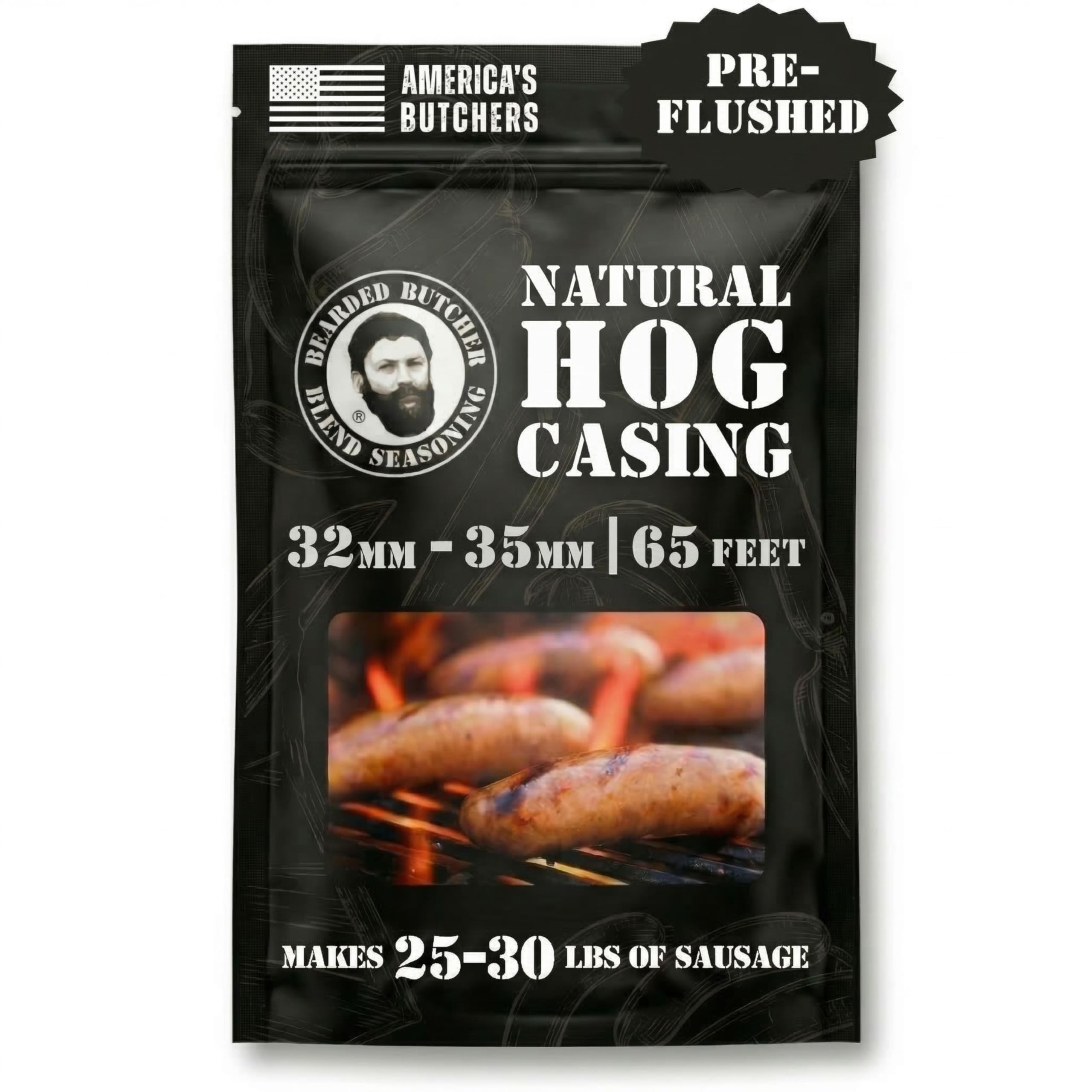 Bearded Butchers natural hog casings 32-35mm in a pack for professional sausage making.