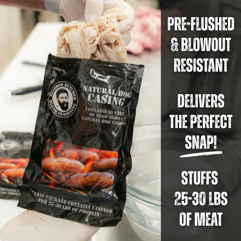 Bearded Butchers pre-flushed casings ready to stuff for quick sausage preparation.