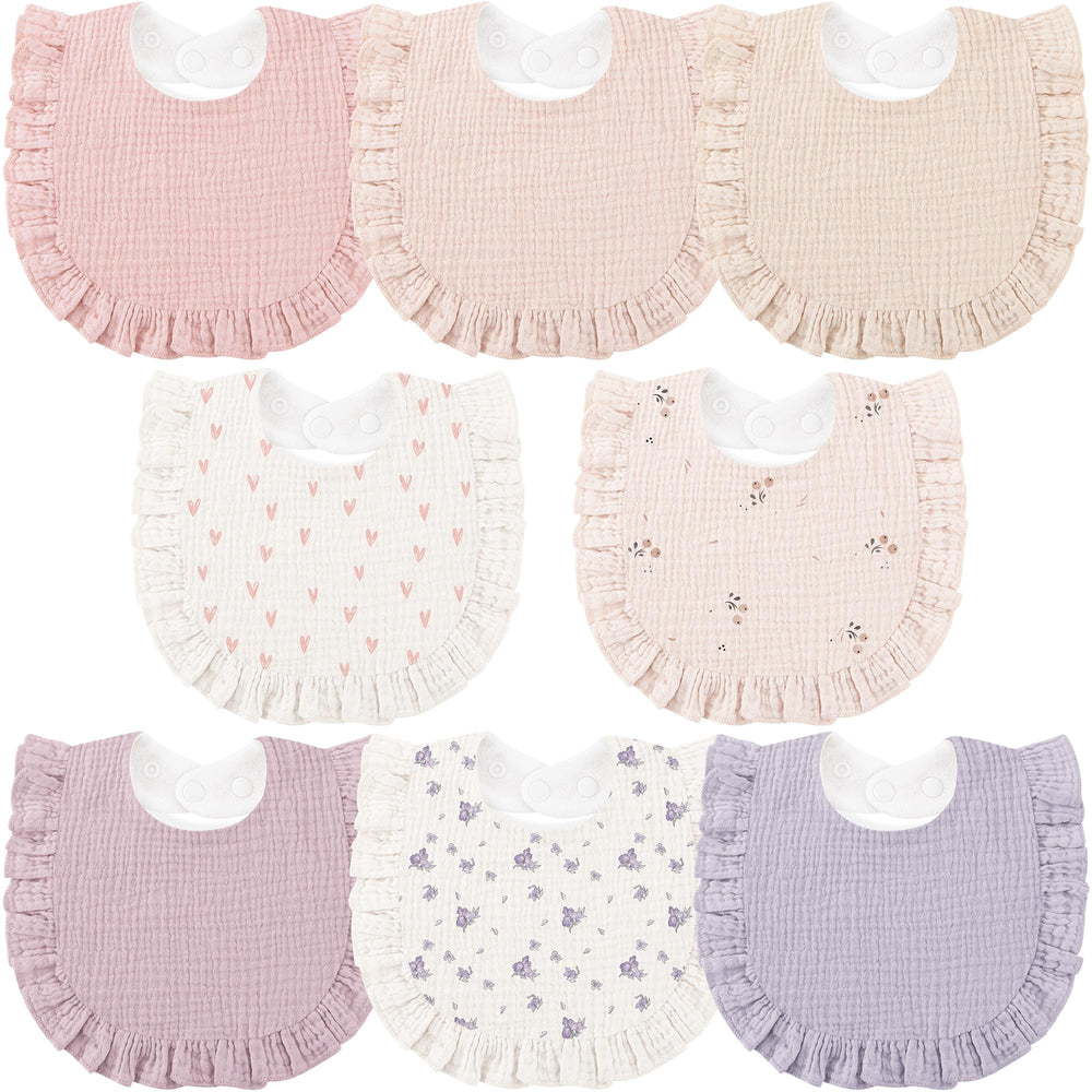 Bearmoss 8-pack muslin baby bibs, front view, soft and absorbent for drool management.
