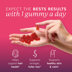 Close-up label on Bears with Benefits Biotin Gummies highlighting 5,000 mcg biotin and vitamins.