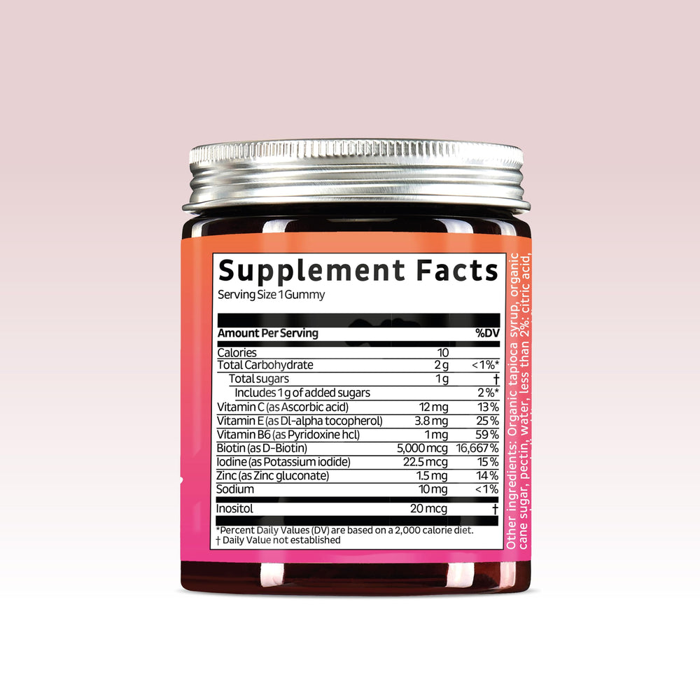 Nutrition panel of Bears with Benefits Biotin Gummies highlights a clean, GMO-free formula.