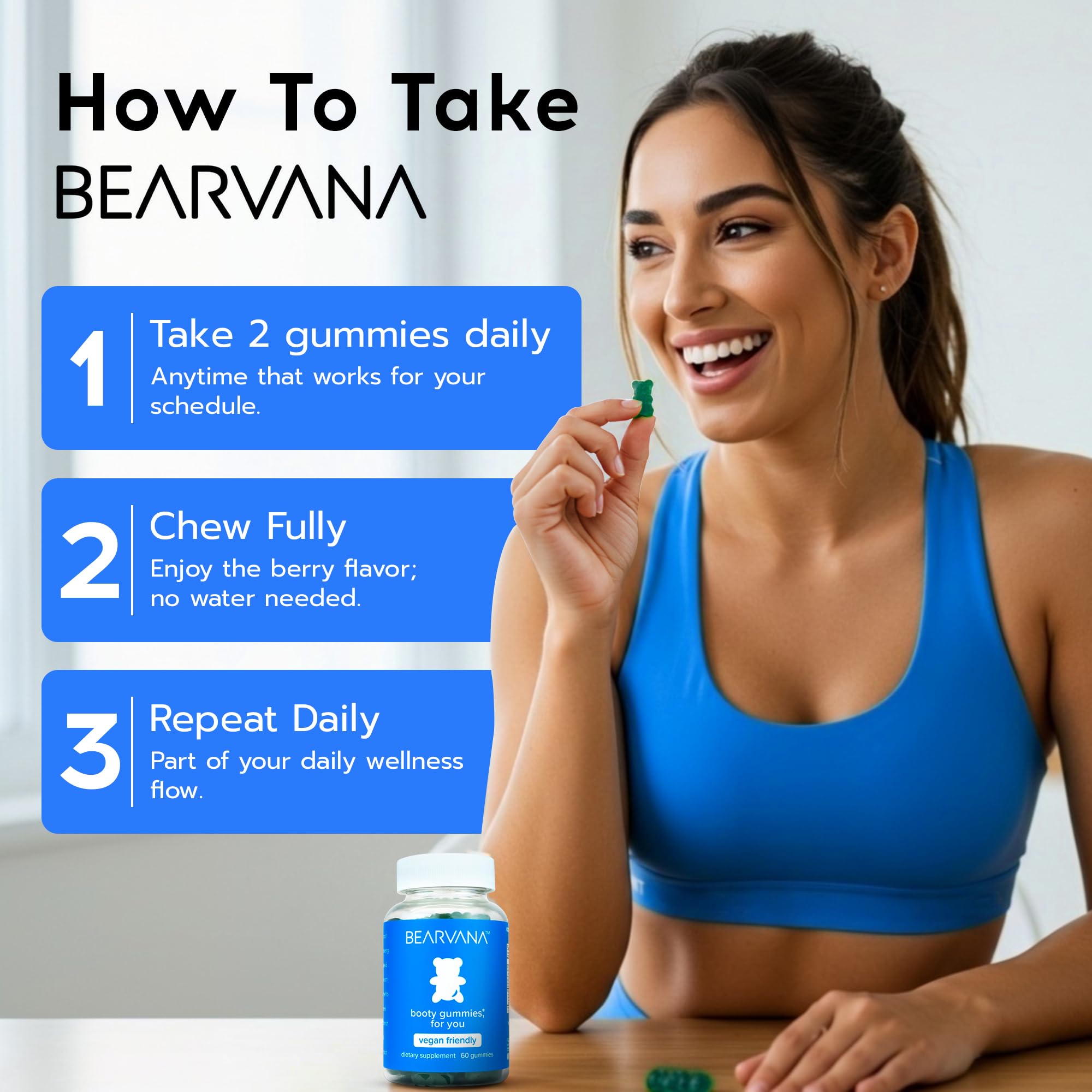 Serving two gummies per day illustrated for simple daily routine.