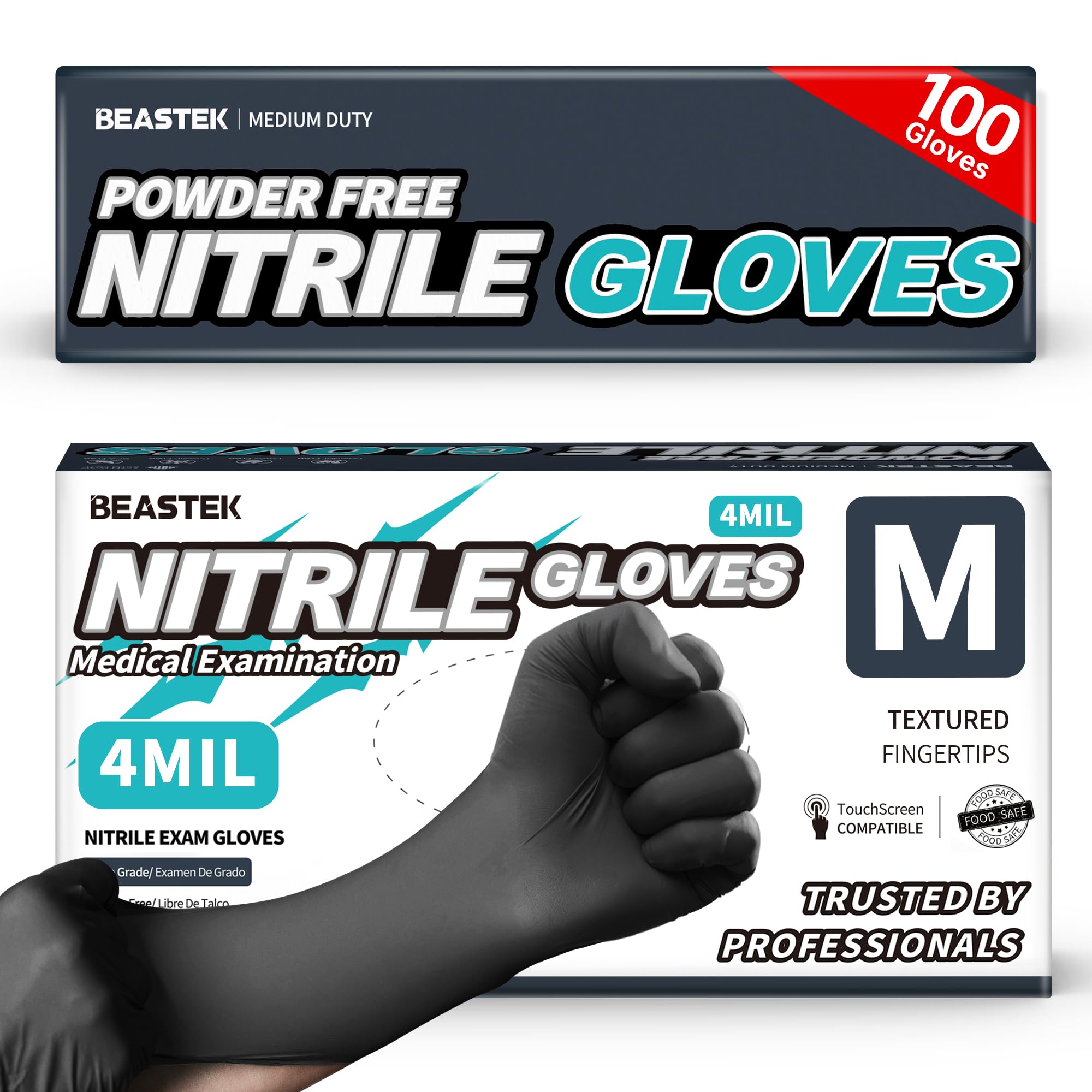 Beastek black nitrile gloves front view in box, ready for lab use.