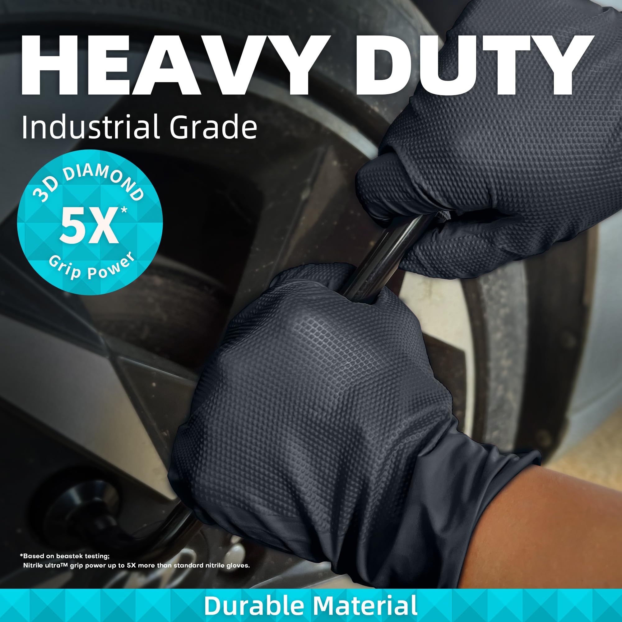 Beastek nitrile gloves black stealth finish hides dirt and stains.