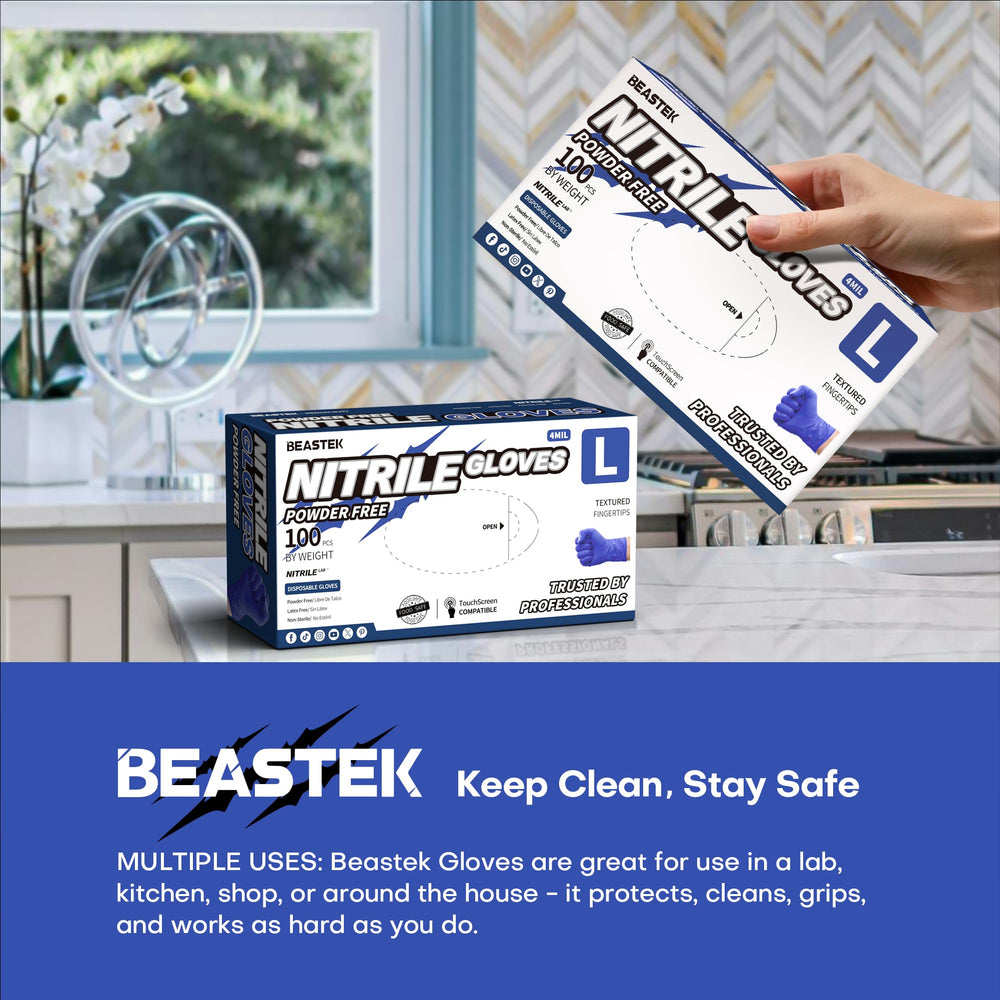Beastek nitrile gloves blue-violet color for visibility and quick identification.
