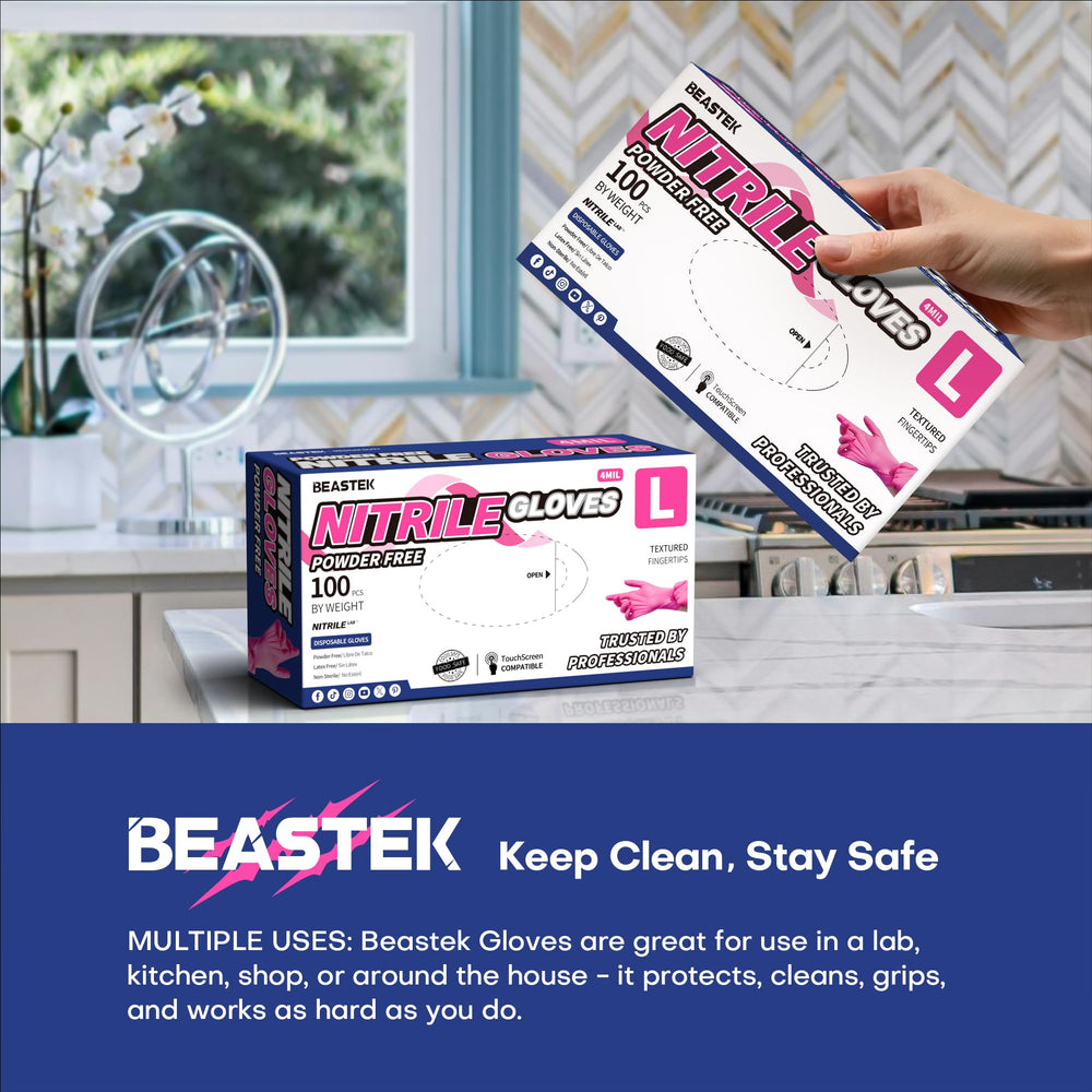 Beastek nitrile gloves pink with durable grip for daily chores
