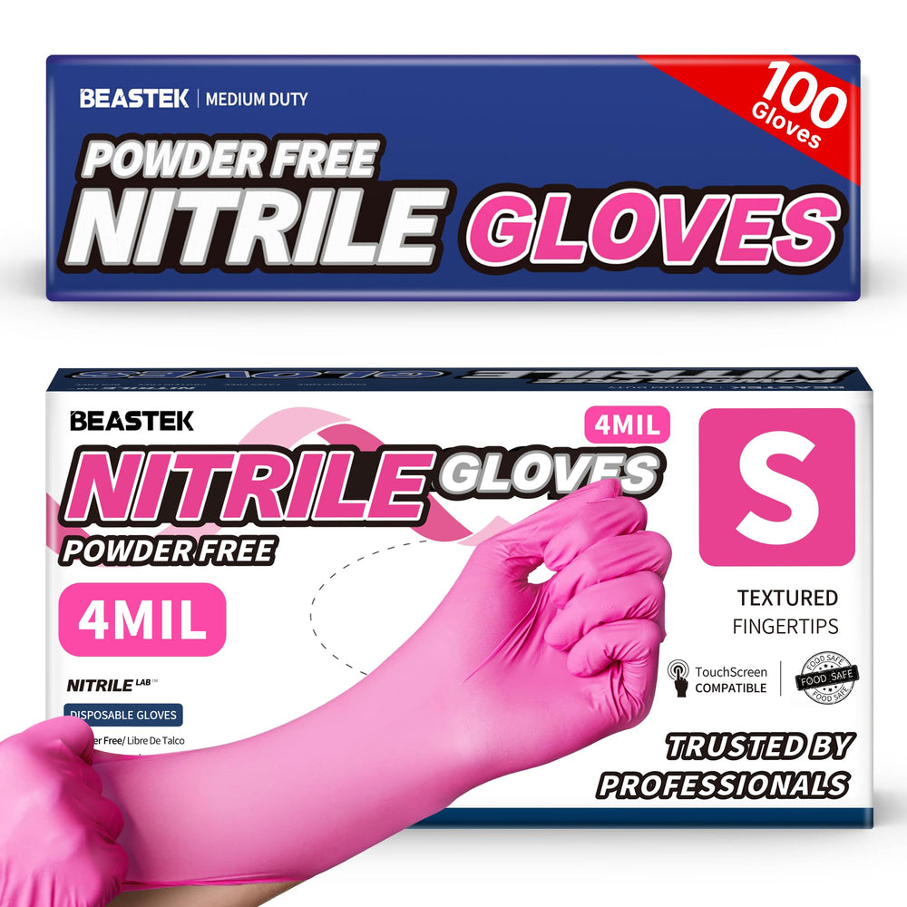 Beastek nitrile gloves hot pink box front; durable 4 mil for daily tasks.