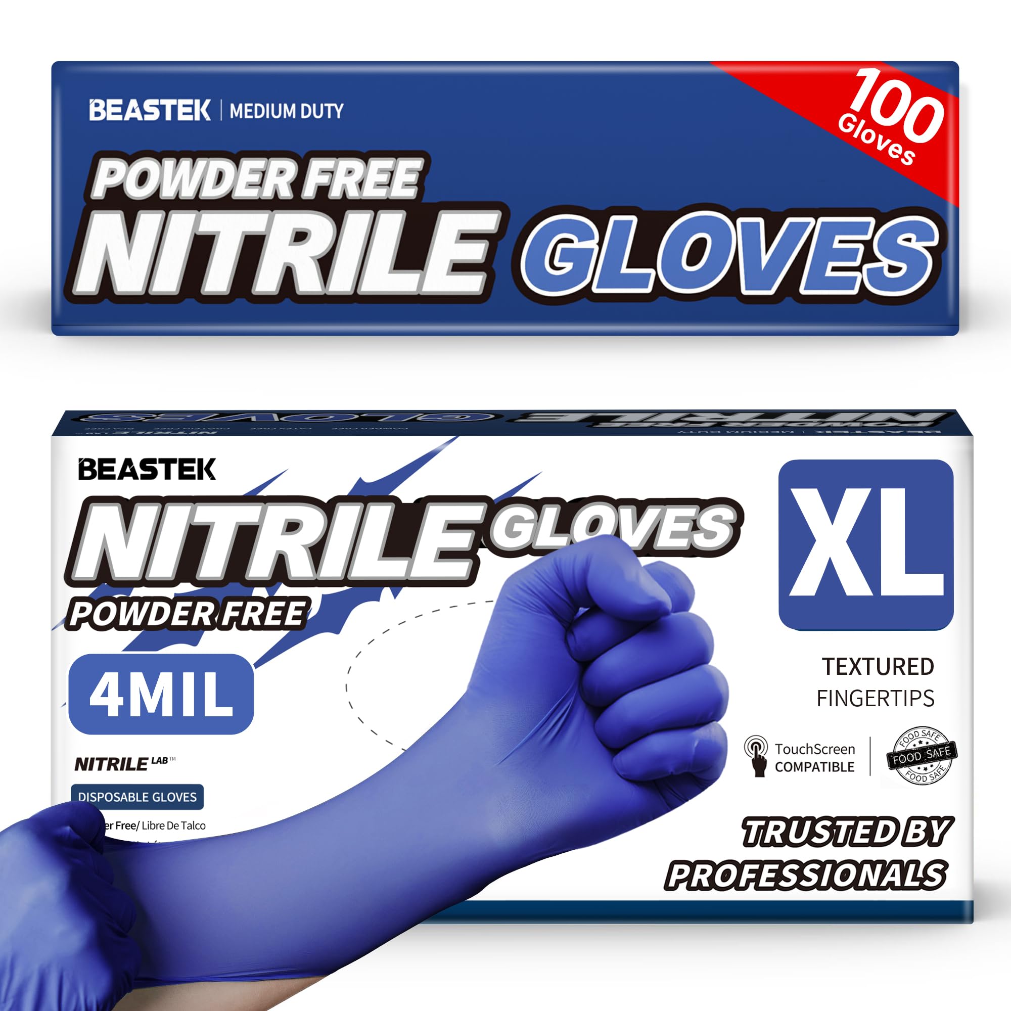 Beastek nitrile gloves packaging in blue violet XL for safe storage and quick access.