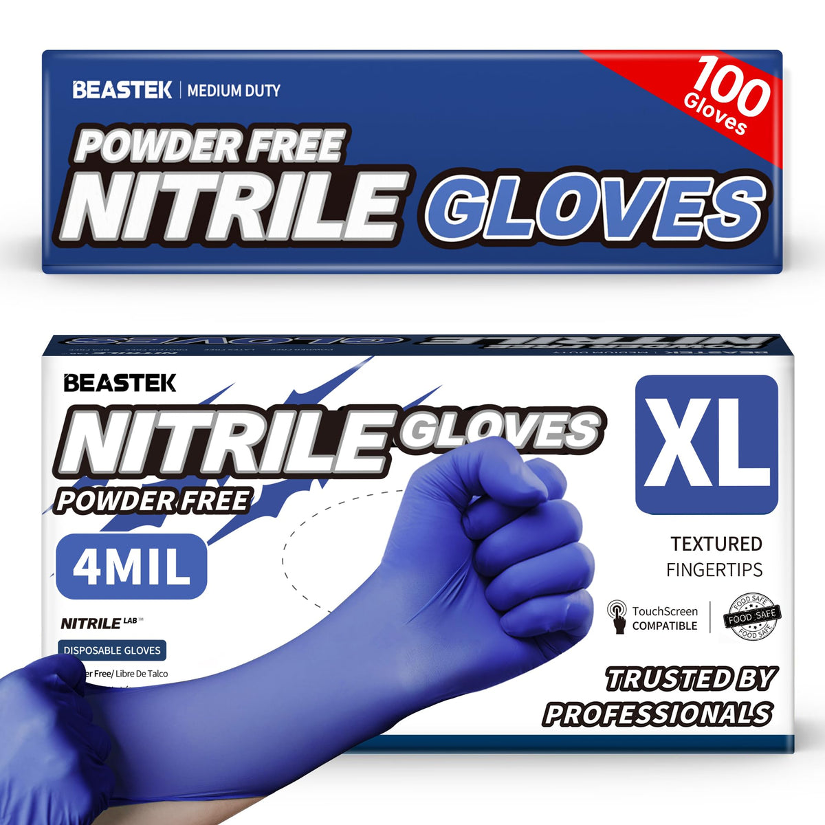 Beastek nitrile gloves packaging in blue violet XL for safe storage and quick access.