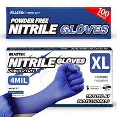 Beastek nitrile gloves packaging in blue violet XL for safe storage and quick access.