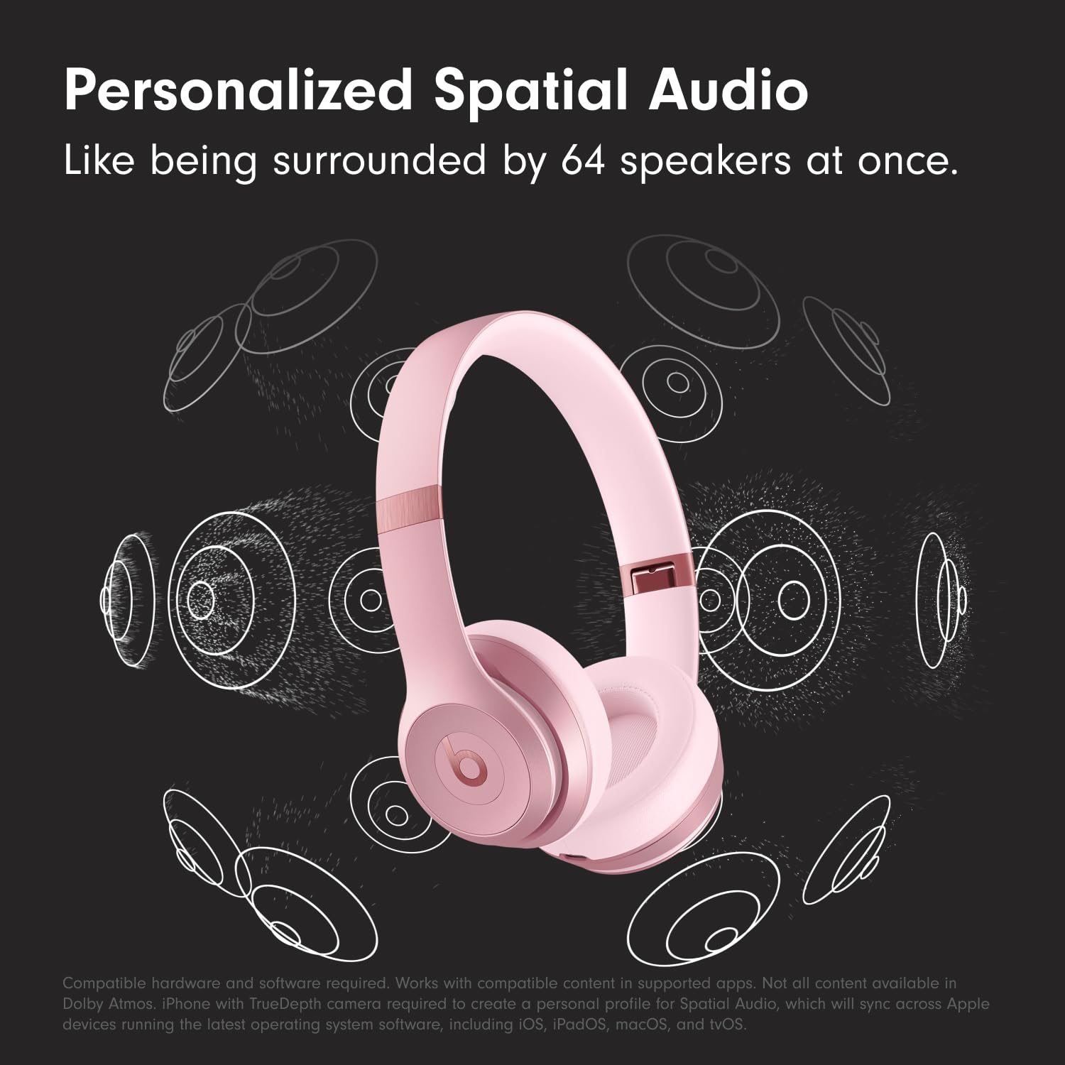 Beats Solo 4 metallic pink ear cups close-up showing plush cushions for comfort.