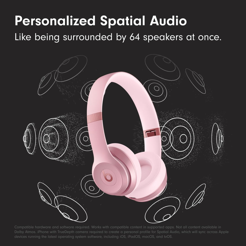 Beats Solo 4 metallic pink ear cups close-up showing plush cushions for comfort.
