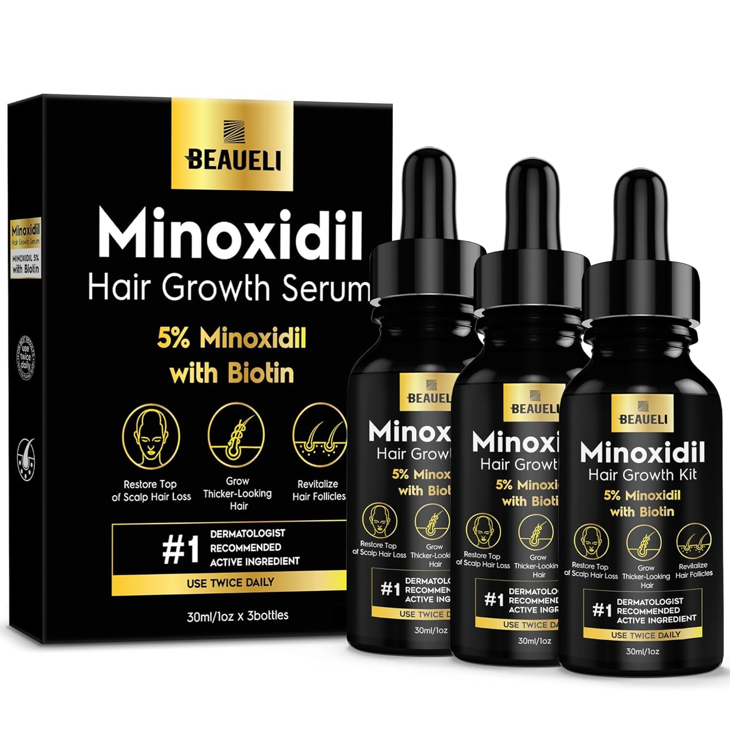 Beaueli 5% Minoxidil bottle for targeted scalp application and regrowth potential.