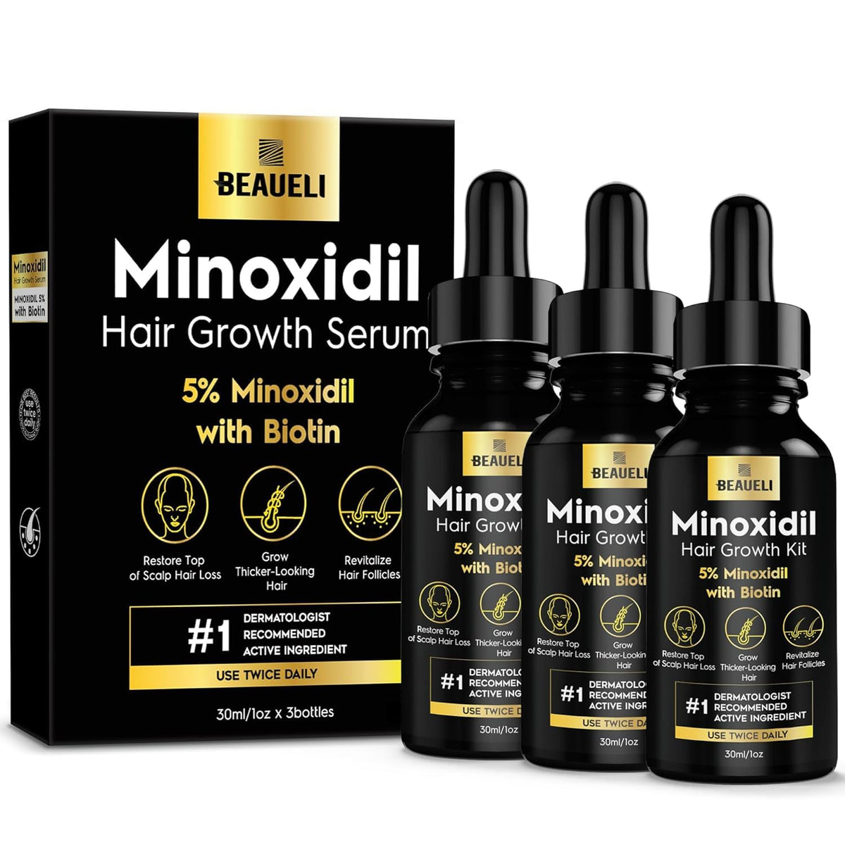 Beaueli 5% Minoxidil bottle for targeted scalp application and regrowth potential.
