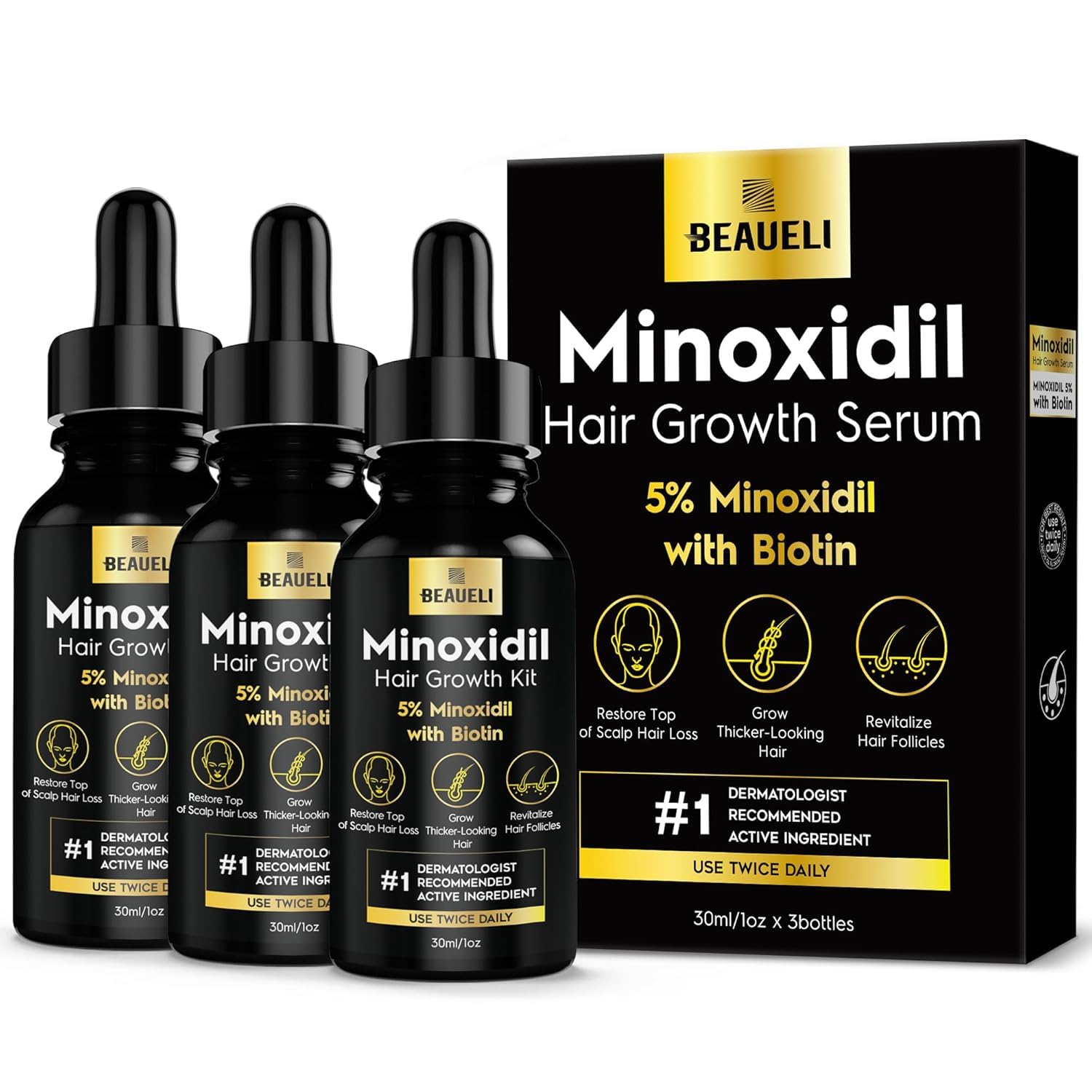 Beaueli Minoxidil 3oz bottle side view, compact for daily use.