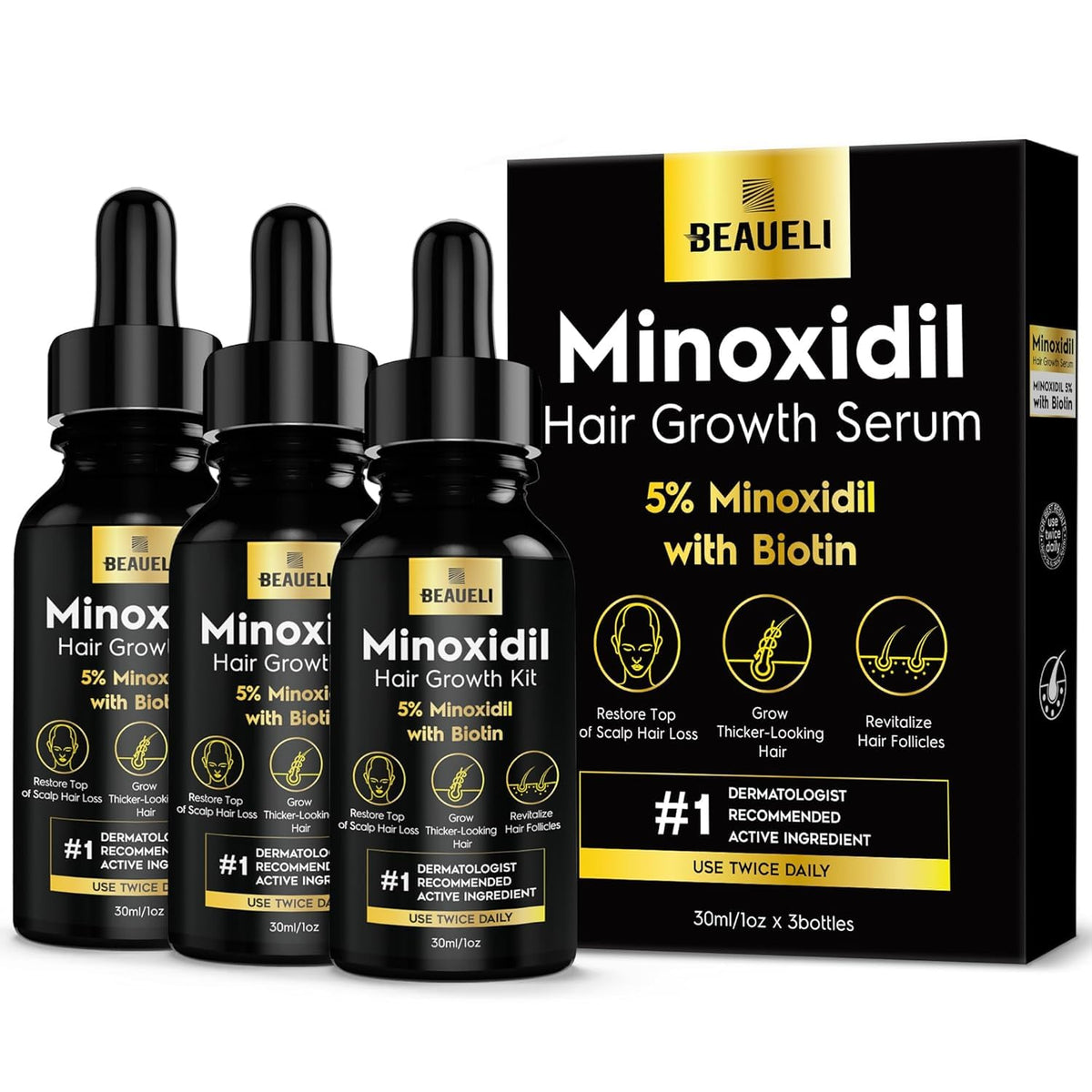Beaueli Minoxidil 3oz bottle side view, compact for daily use.