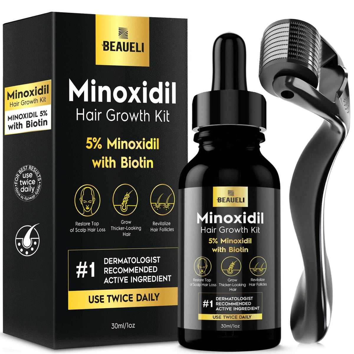 Beaueli minoxidil 5percent bottle for hair growth and fuller appearance.