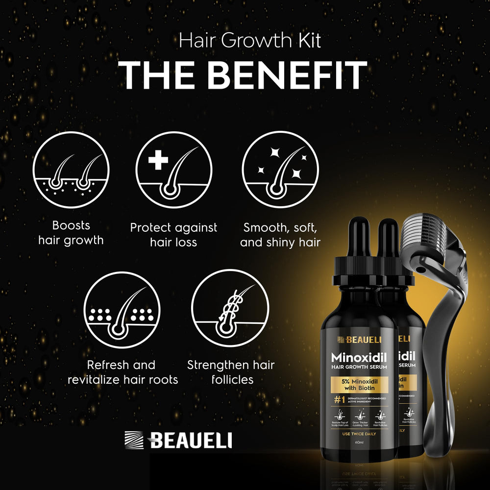 Beaueli minoxidil bottle on stand with label for organized, easy access