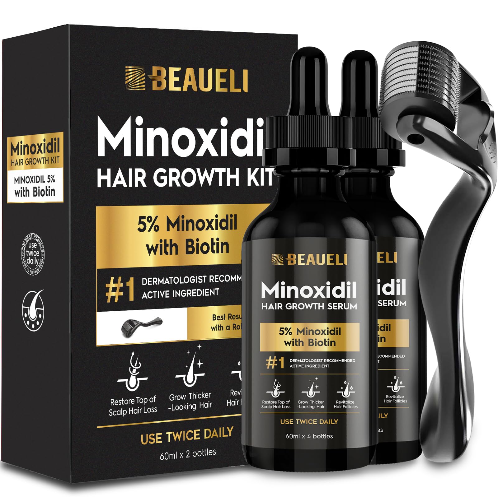 Beaueli minoxidil kit with two bottles on packaging for thinning hair support