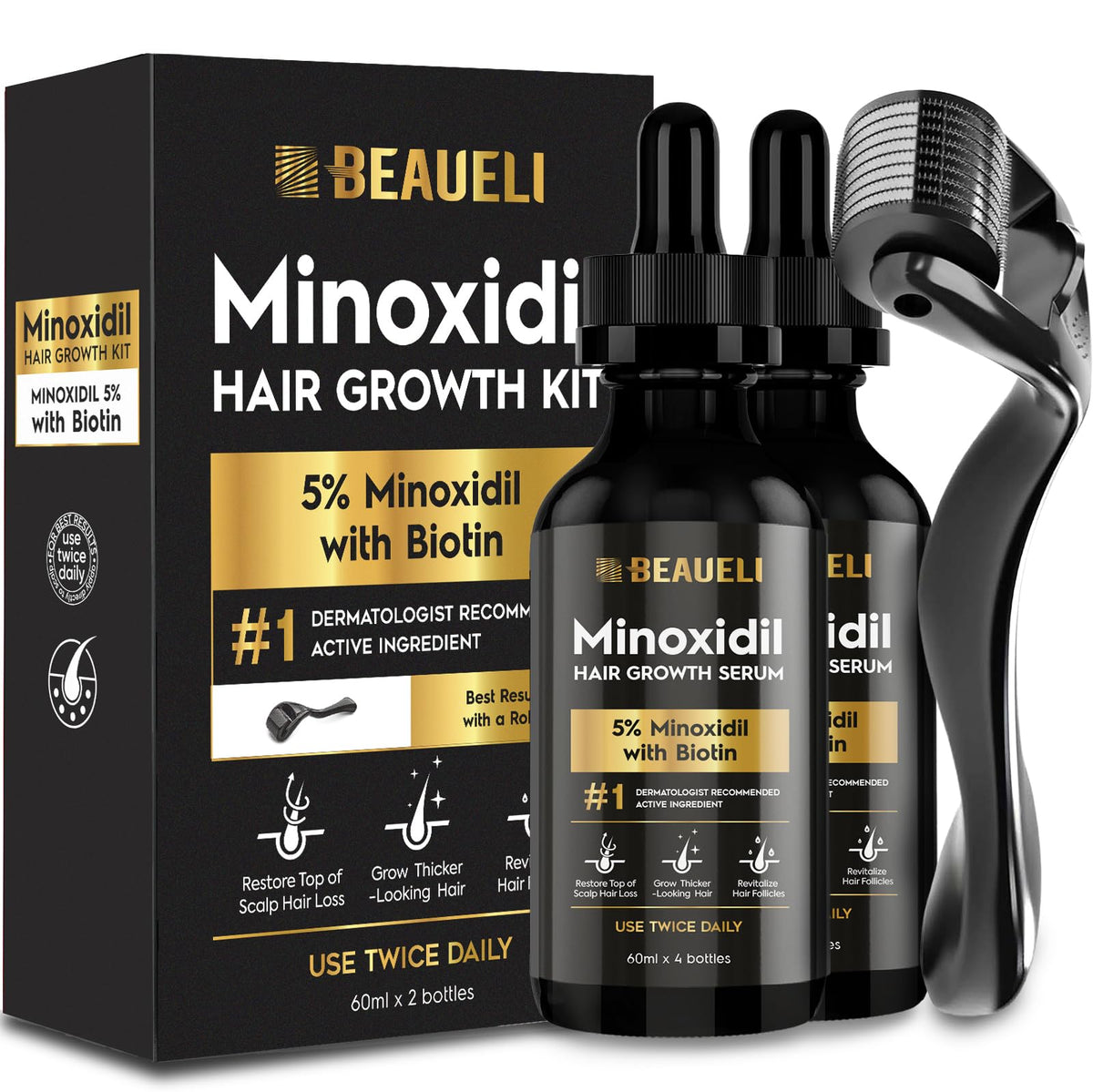 Beaueli minoxidil kit with two bottles on packaging for thinning hair support