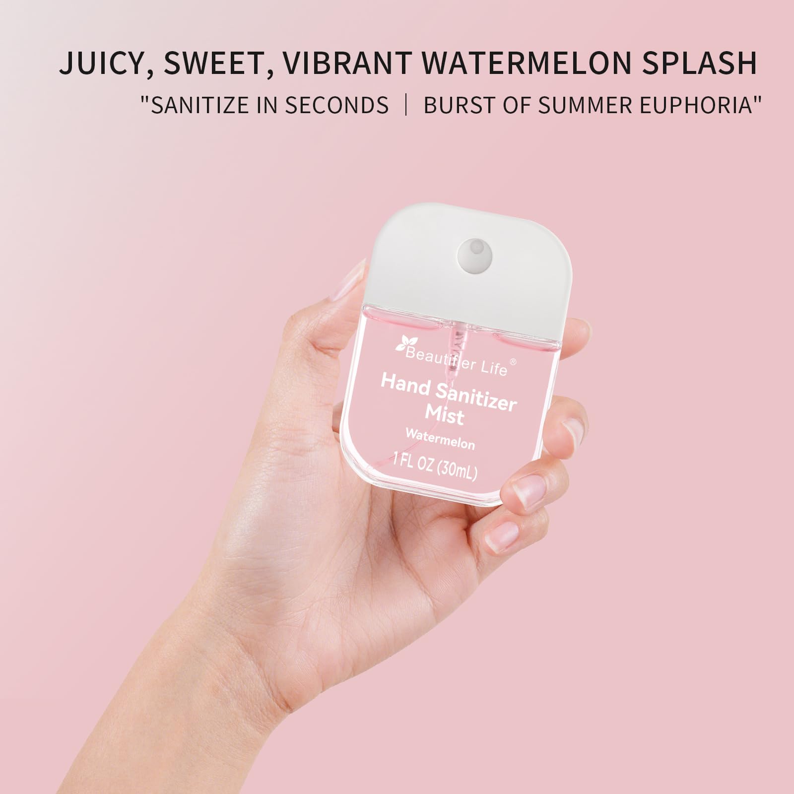 Beautifier Life Cucumber scent mini sanitizer bottle with no-rinse spray.