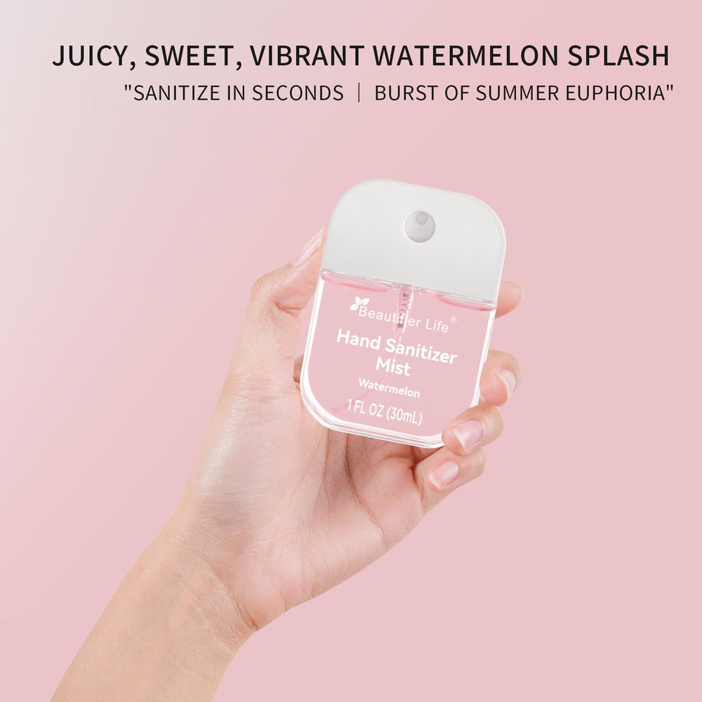 Beautifier Life Cucumber scent mini sanitizer bottle with no-rinse spray.