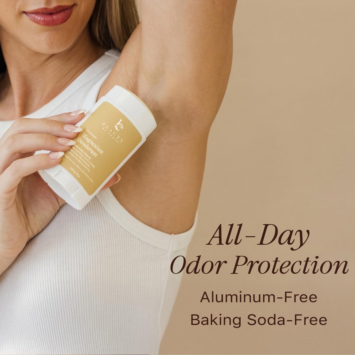 Beauty by Earth deodorant application close-up highlights smooth glide.