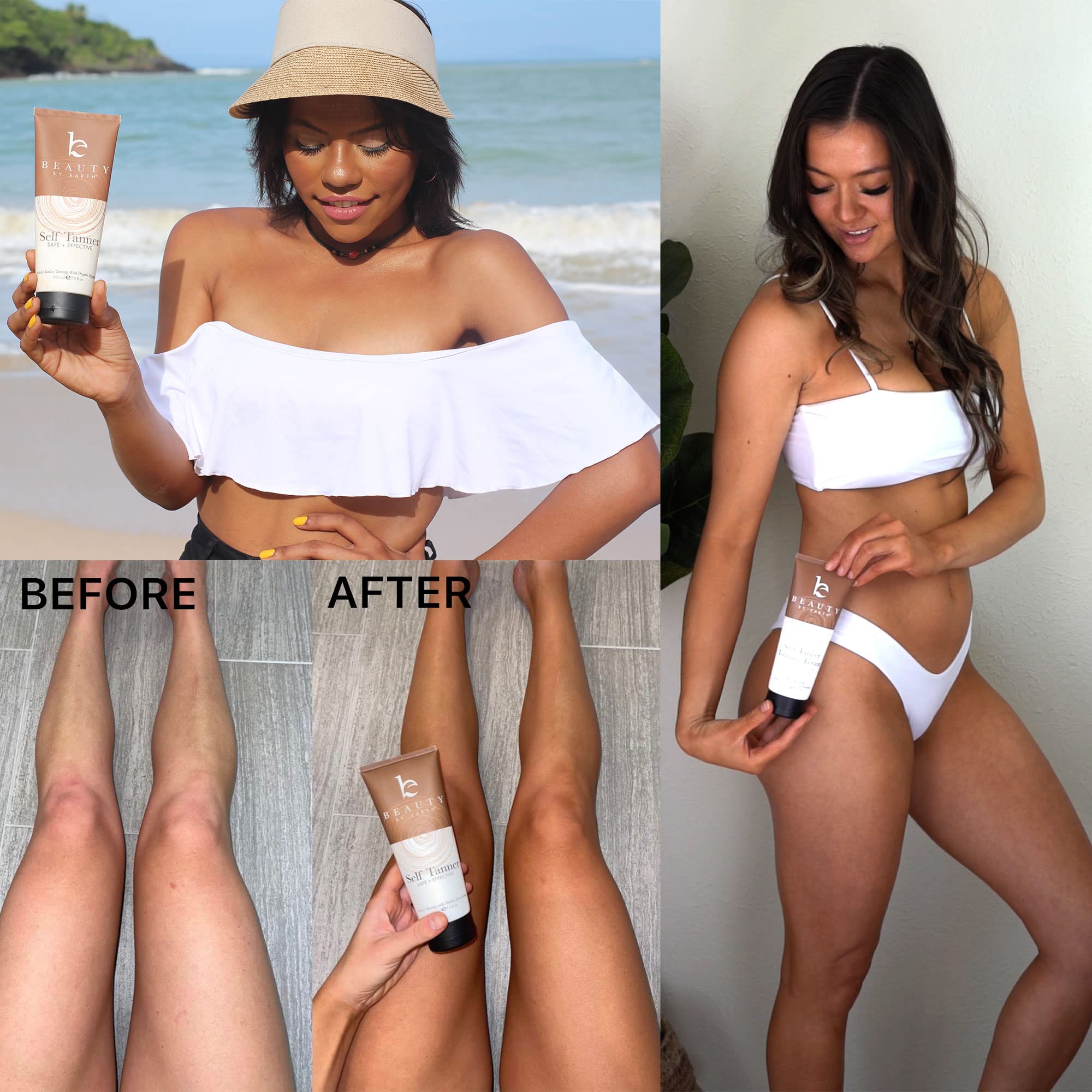 Beauty by Earth self tanner before and after visuals showing glow.