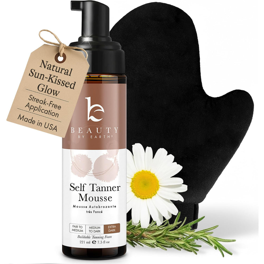 Beauty by Earth ultra dark mousse bottle shows natural-looking deep bronze tan.