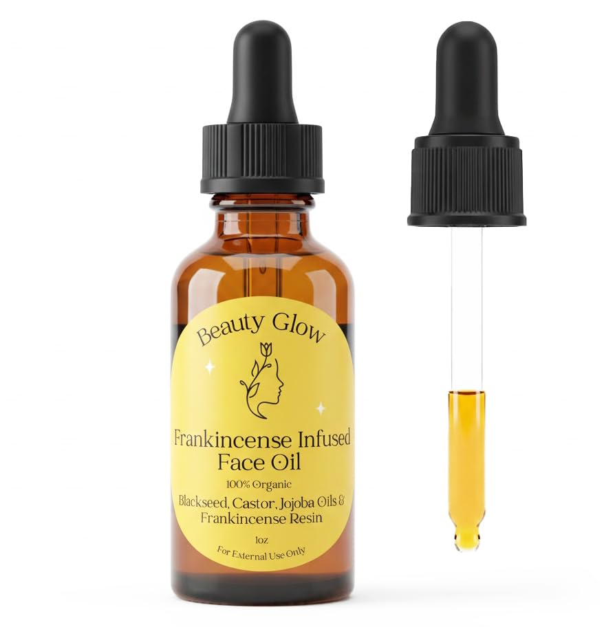 Beauty Glow frankincense resin-infused face oil bottle highlighting premium blend for hydration