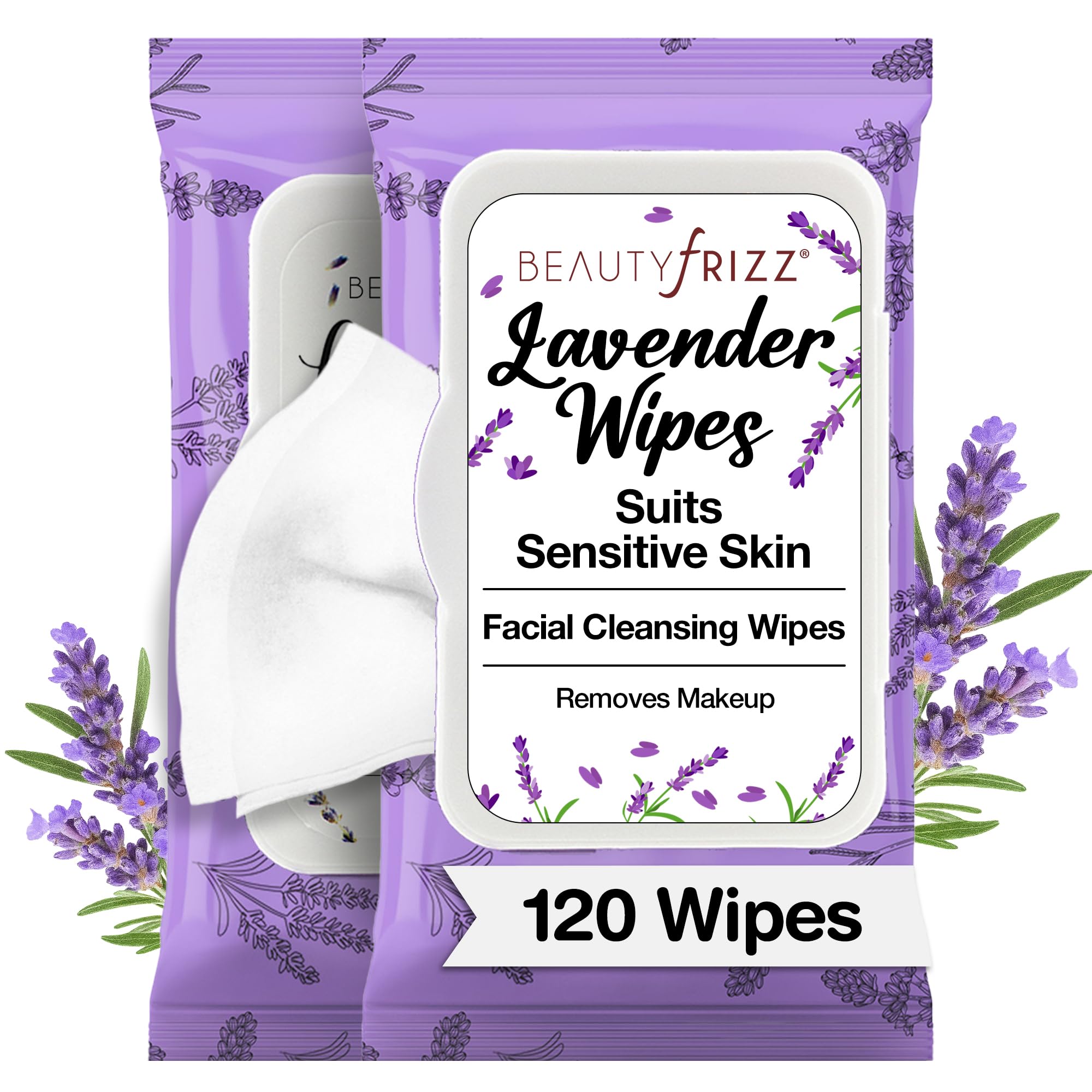 BeautyFrizz Lavender Face Wipes 120-count pack for quick no-rinse makeup removal.