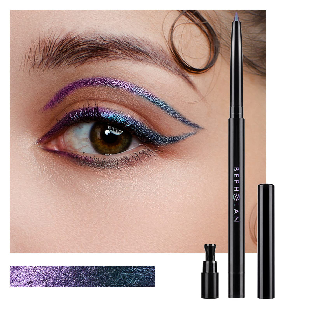 BEPHOLAN Metallic Eyeliner Northern Light swatch with blue-purple glitter for bold eyes