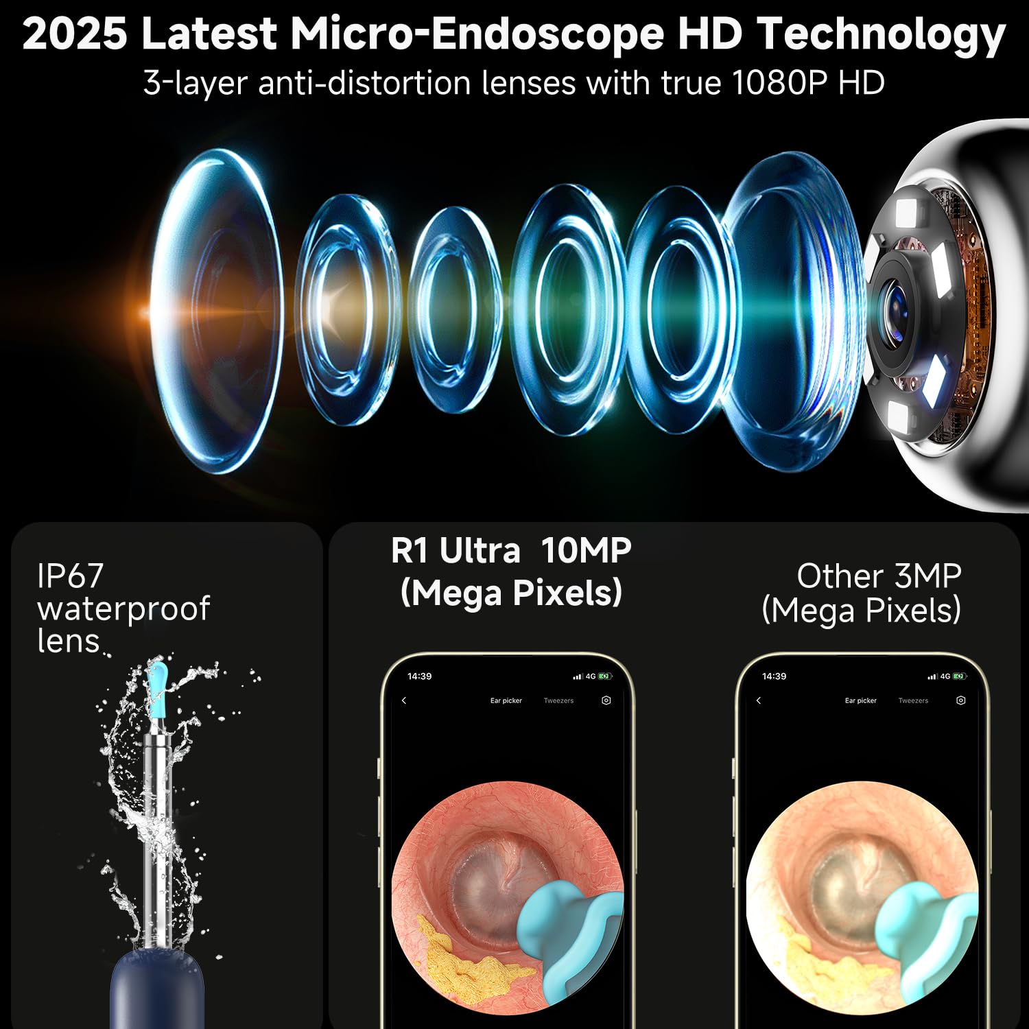 BEBIRD R1 Ultra 10MP lens provides detailed ear canal view.