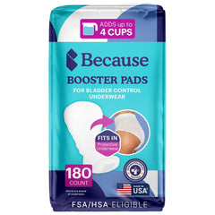 Because Overnight Booster Pads packaging highlighting four-cup absorbency for nighttime protection