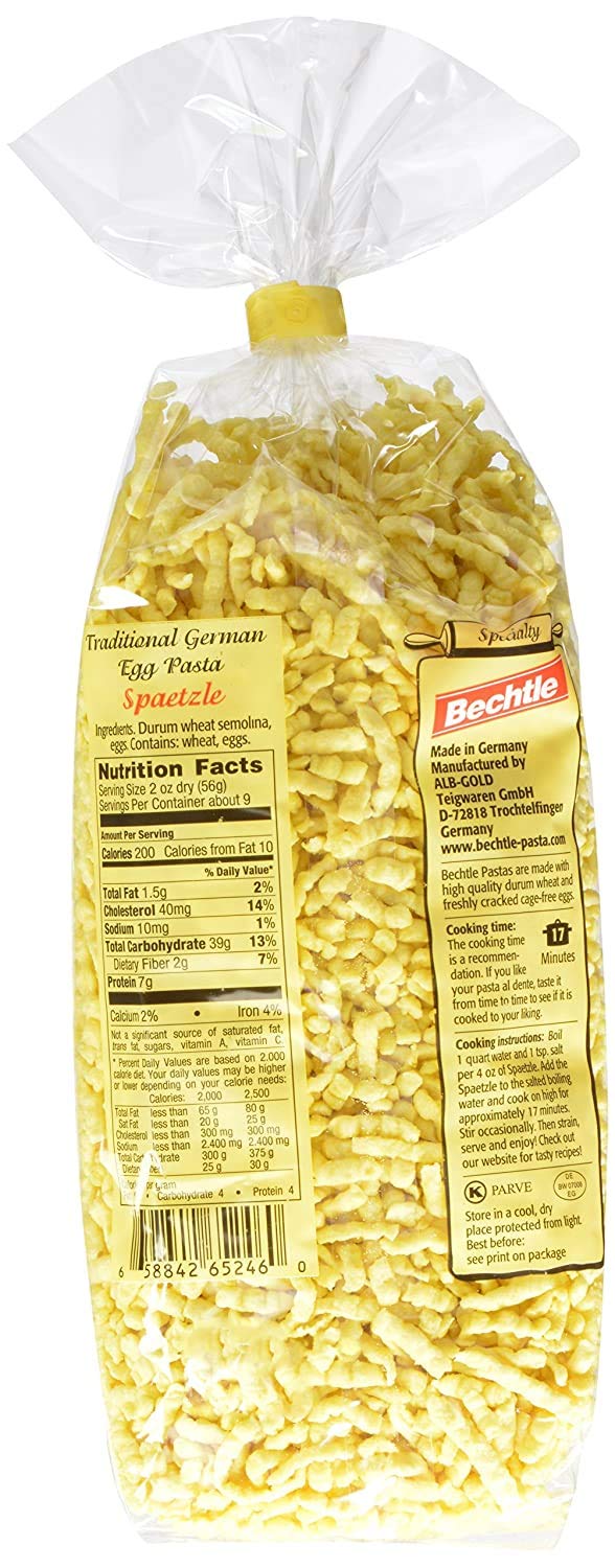 Bechtle Bavarian Spaetzle raw bundle highlights plump, egg-rich texture ideal for sauces.