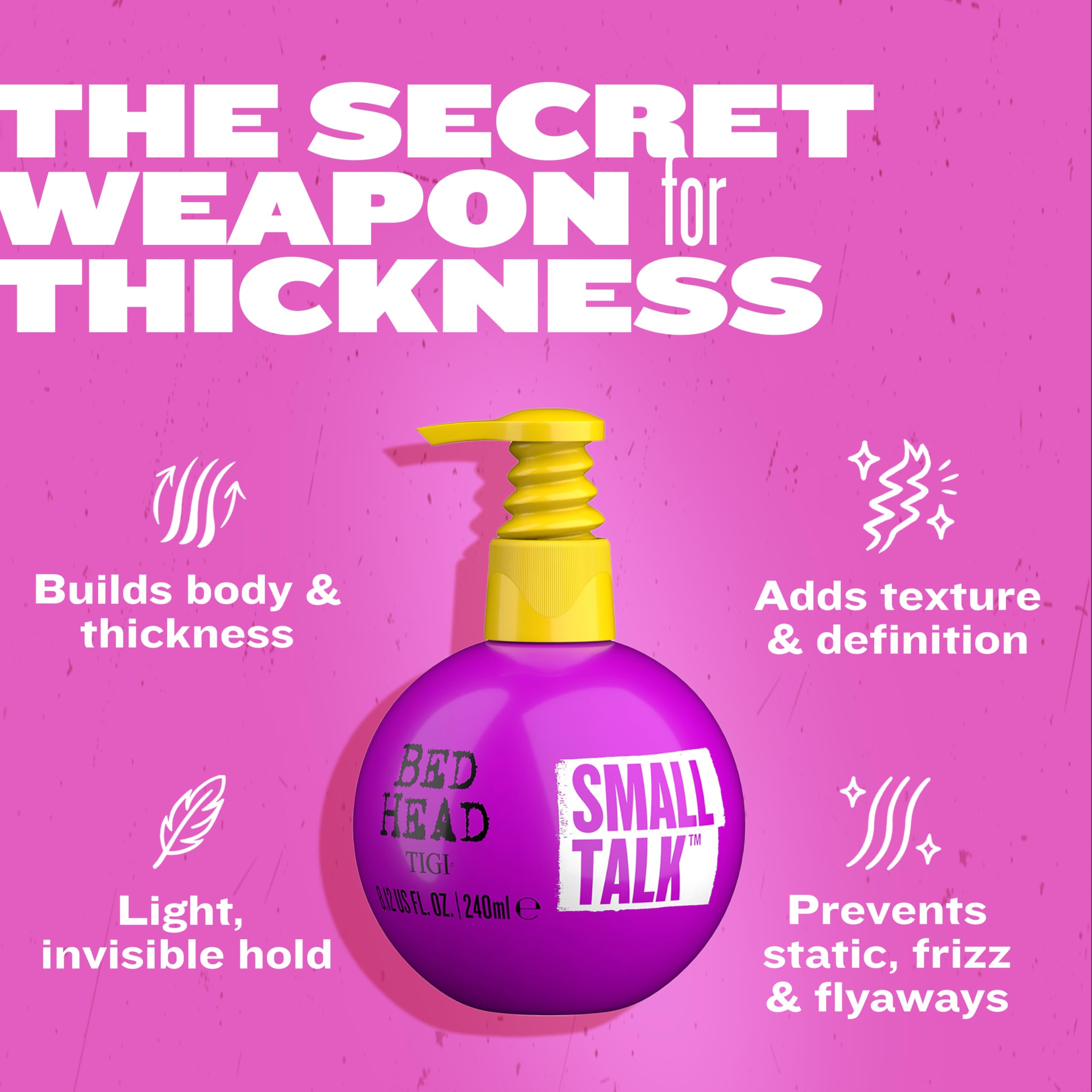 Bed Head Small Talk with Panthenol adds moisture and heat protection during styling