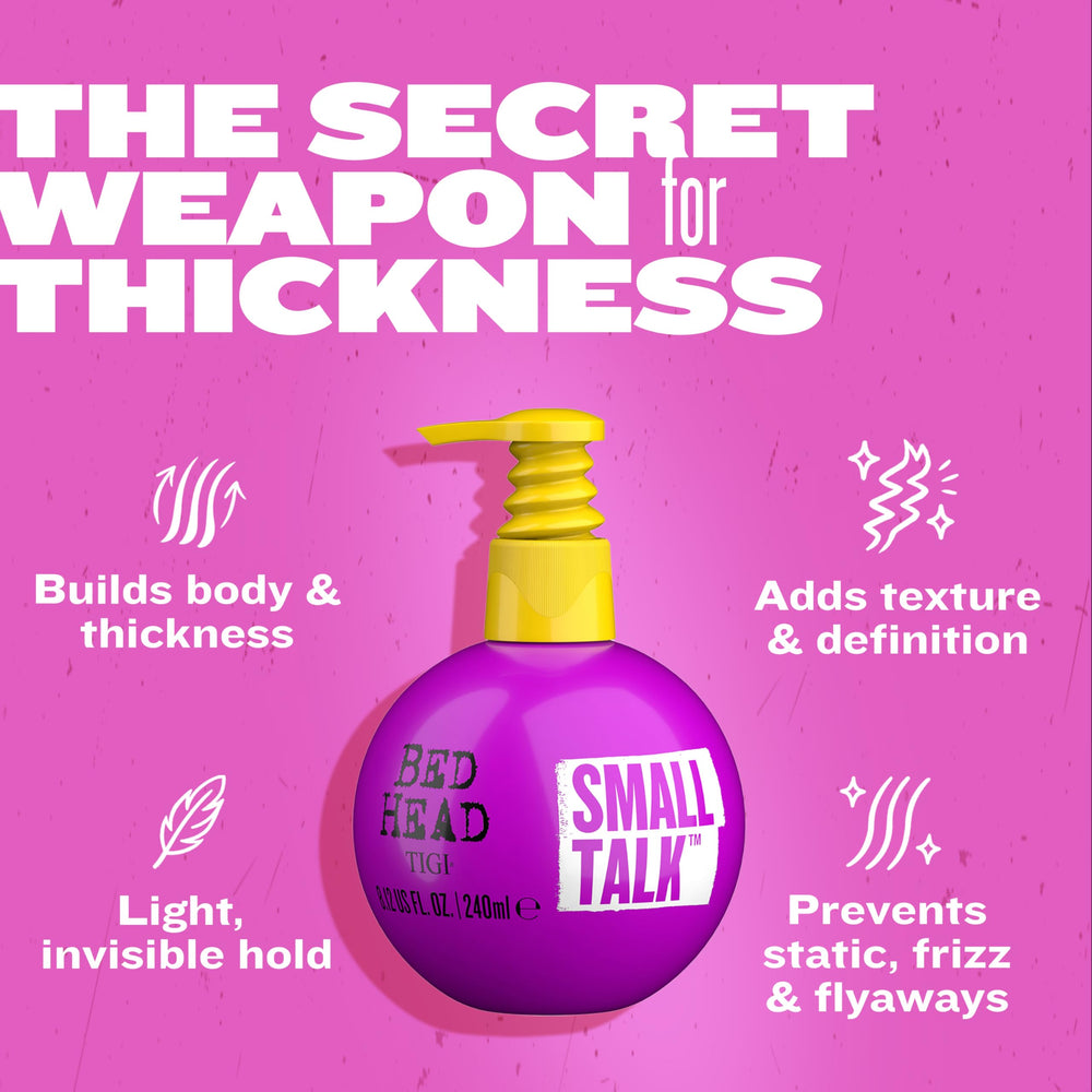 Bed Head Small Talk with Panthenol adds moisture and heat protection during styling