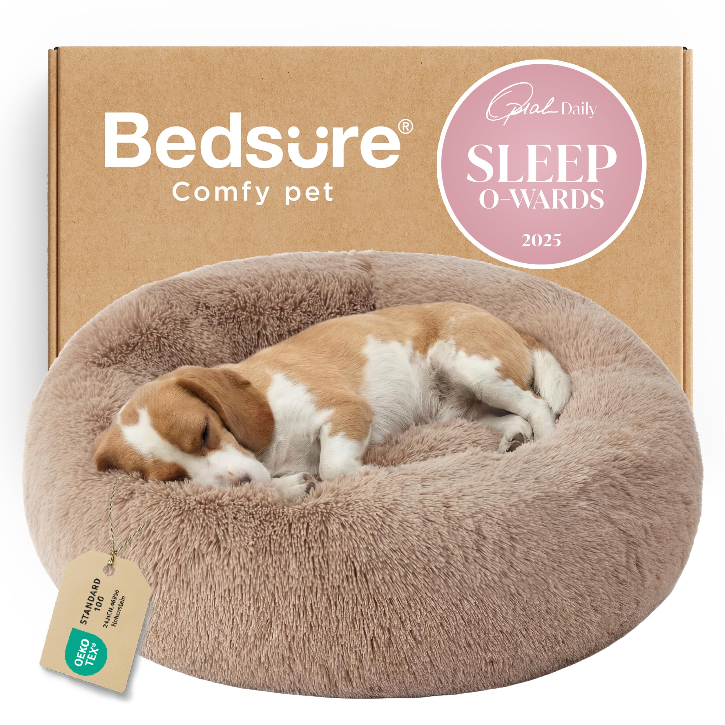 Bedsure calming donut dog bed 33in camel offers cozy round support for curled pets.