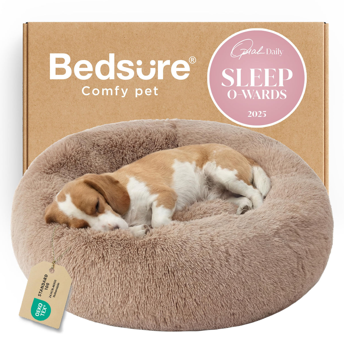 Bedsure calming donut dog bed 33in camel offers cozy round support for curled pets.