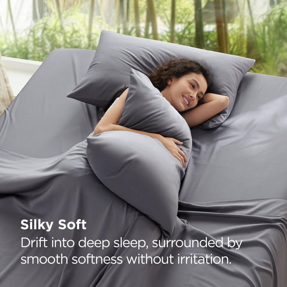 Bedsure dark grey pillowcase fabric close-up with smooth weave.