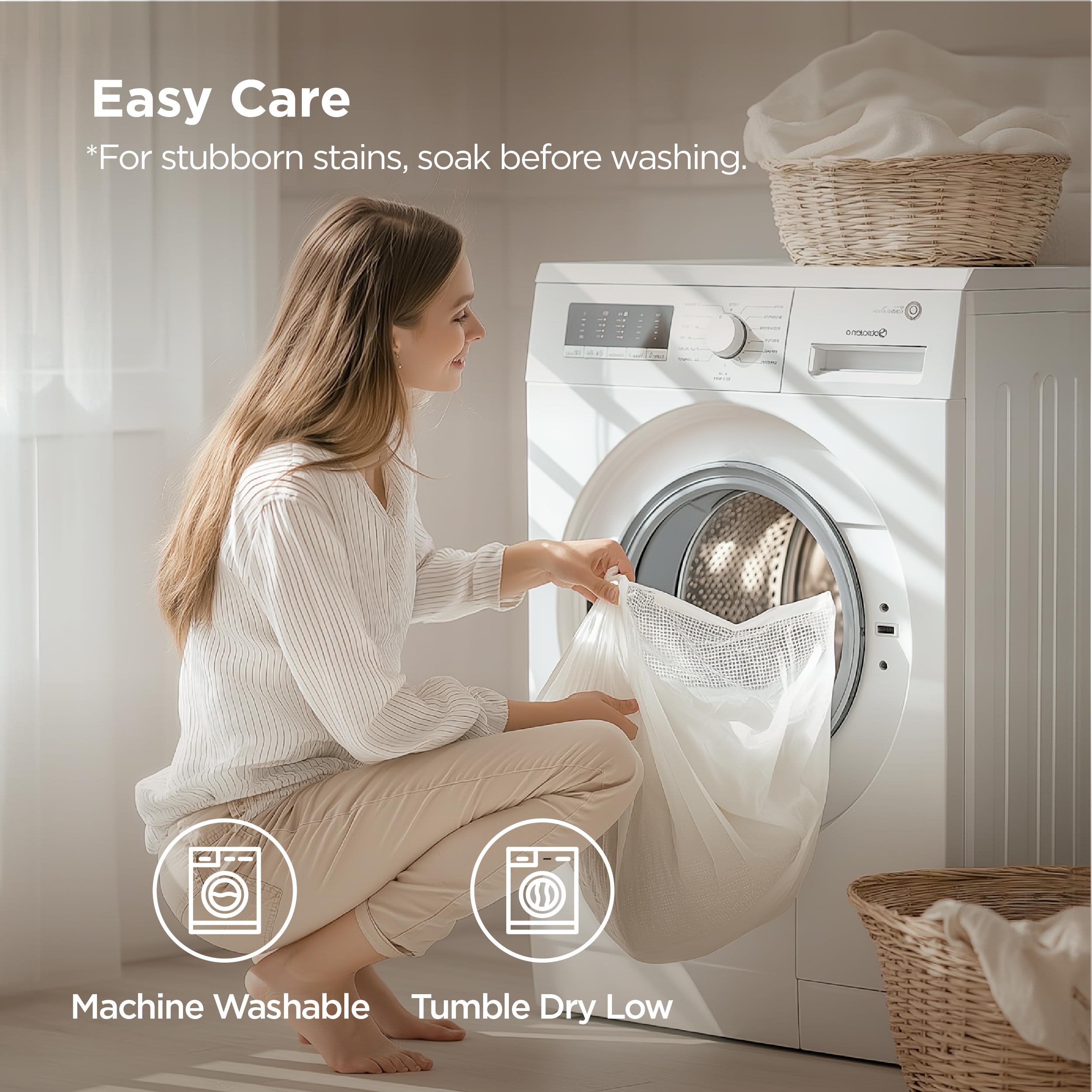Bedsure easy care pillowcase label indicating machine washable fabric.