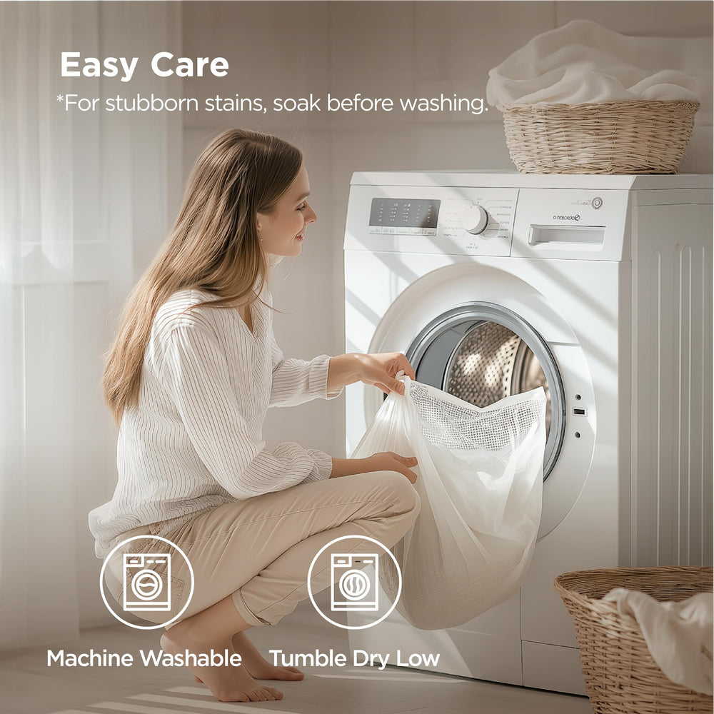 Bedsure easy care pillowcase label indicating machine washable fabric.