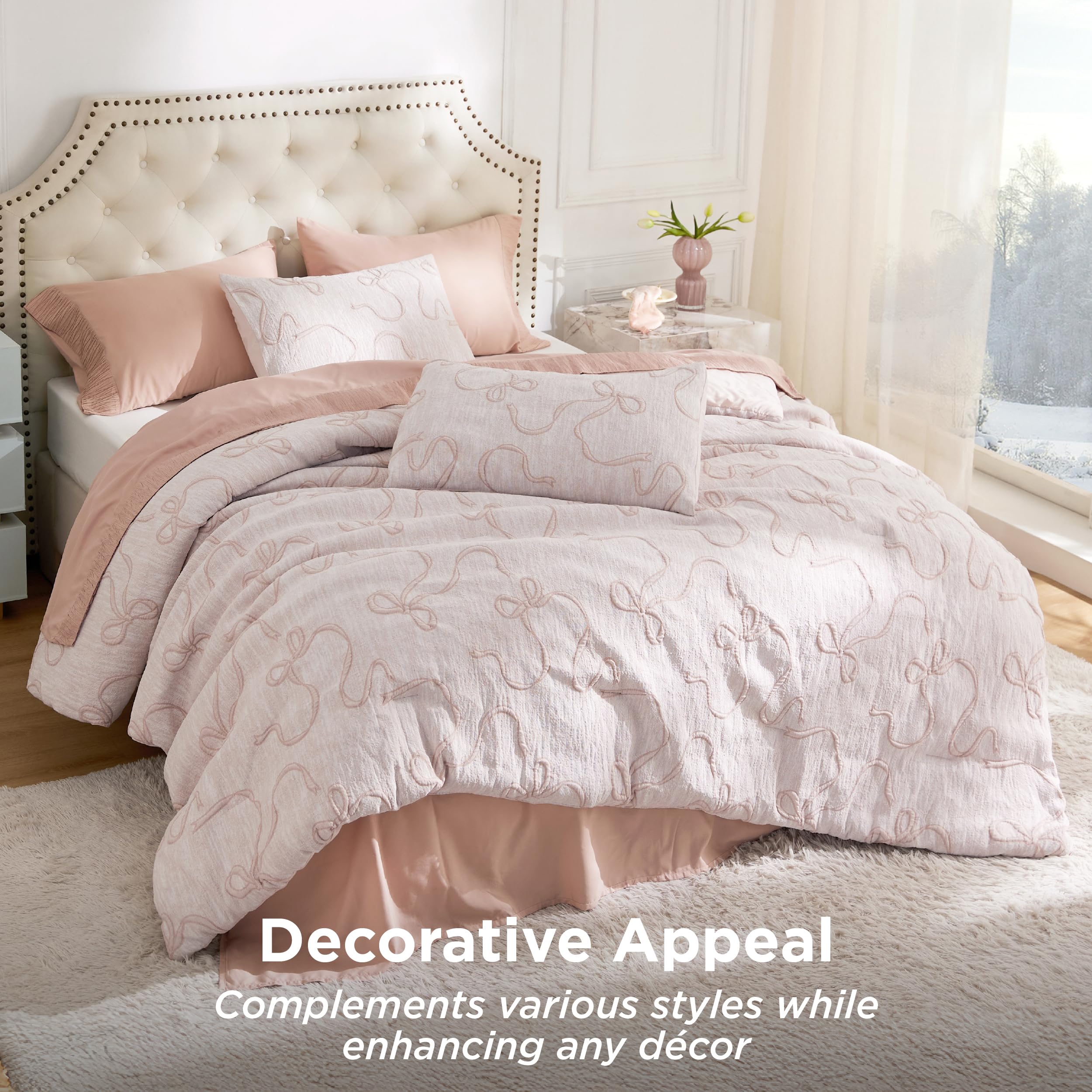 Bedsure pink comforter set queen elegant butterfly bow design in bedroom