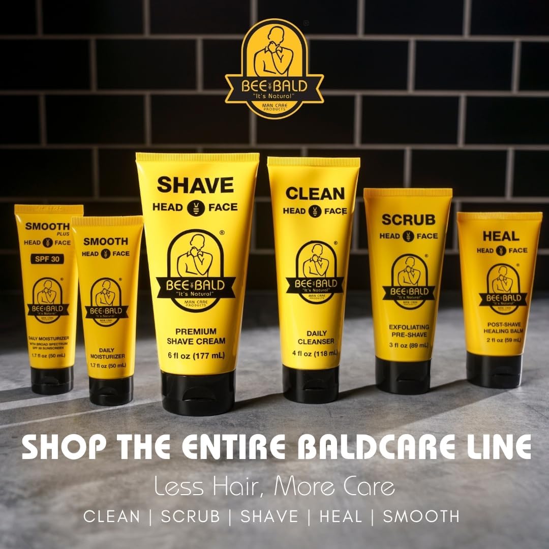 Bee Bald Smooth Plus SPF 30 application on head demonstrates soothing, hydrating routine during morning care.