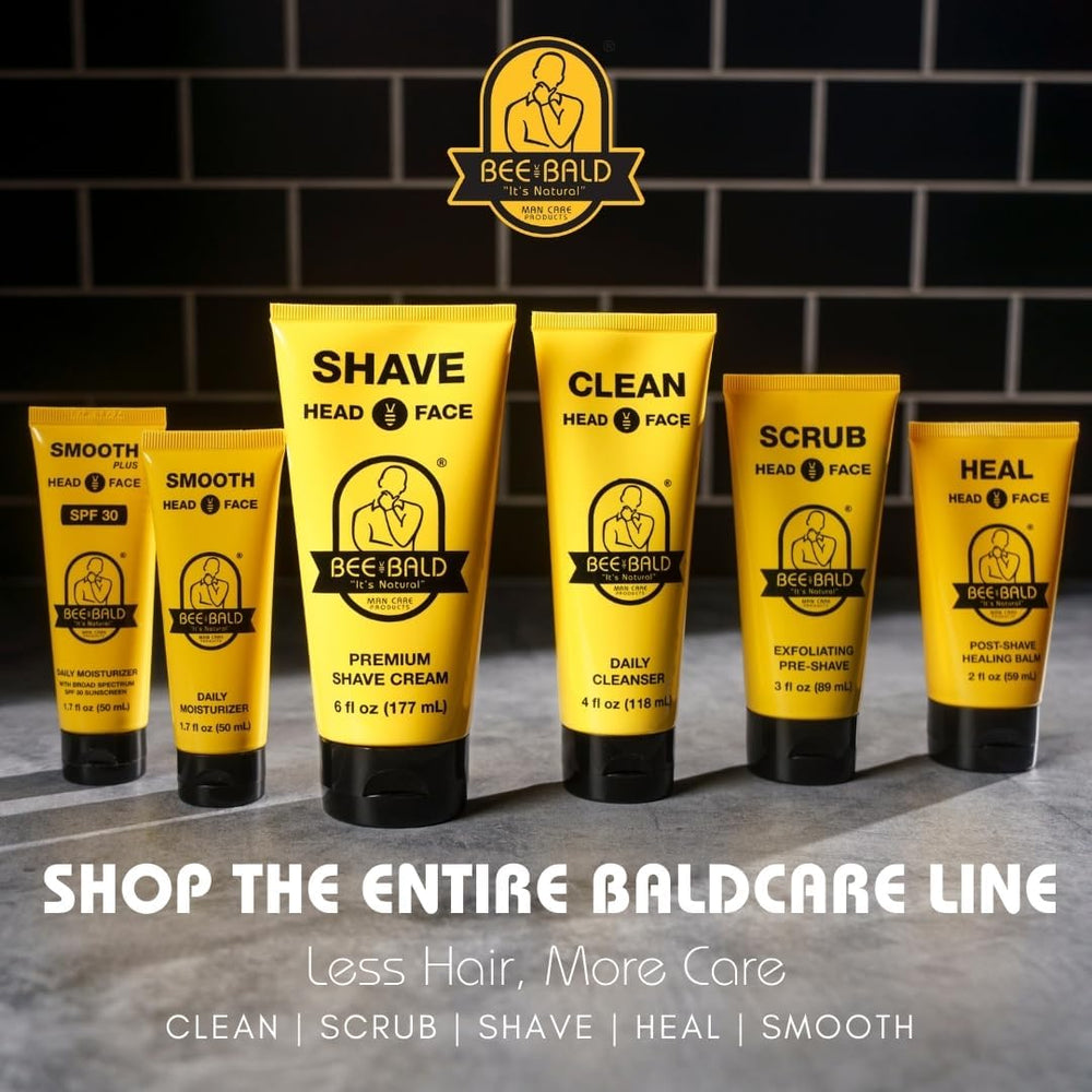 Bee Bald Smooth Plus SPF 30 application on head demonstrates soothing, hydrating routine during morning care.
