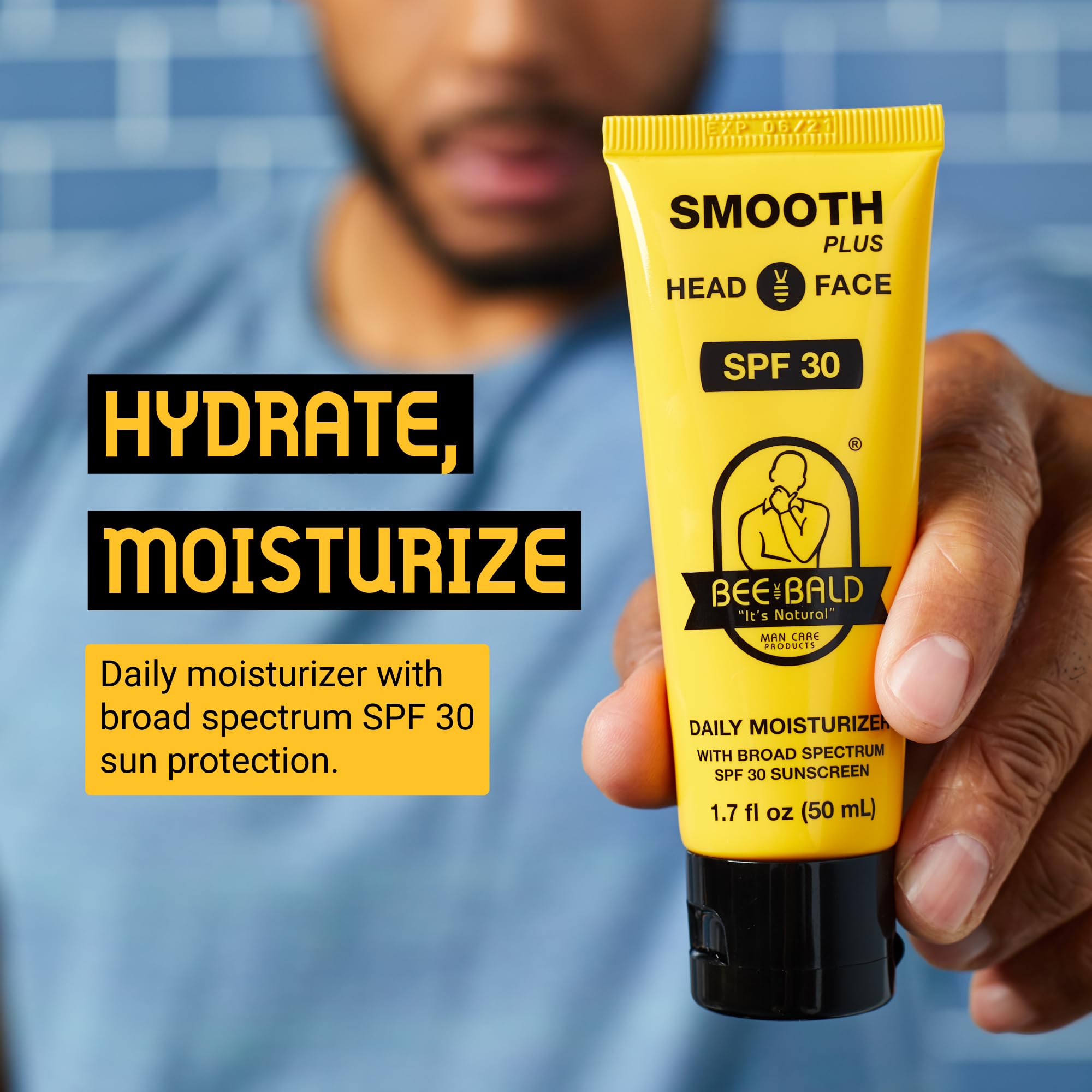 Bee Bald Smooth Plus SPF 30 pump demonstrates easy application and even SPF coverage.