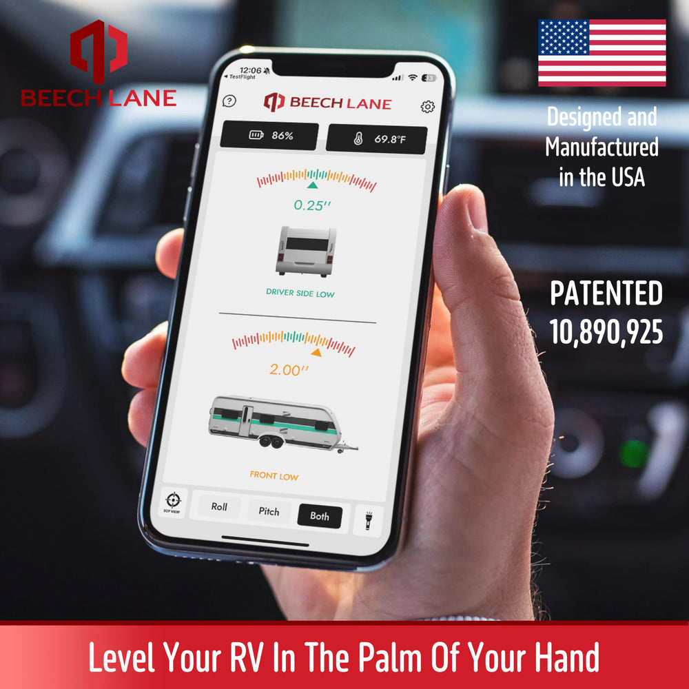 Beech Lane wireless rv leveler app display shows real-time leveling readings clearly.