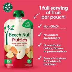 Beech-Nut apple-sweet-potato-pineapple pouch front view, smooth texture for tiny tasters.