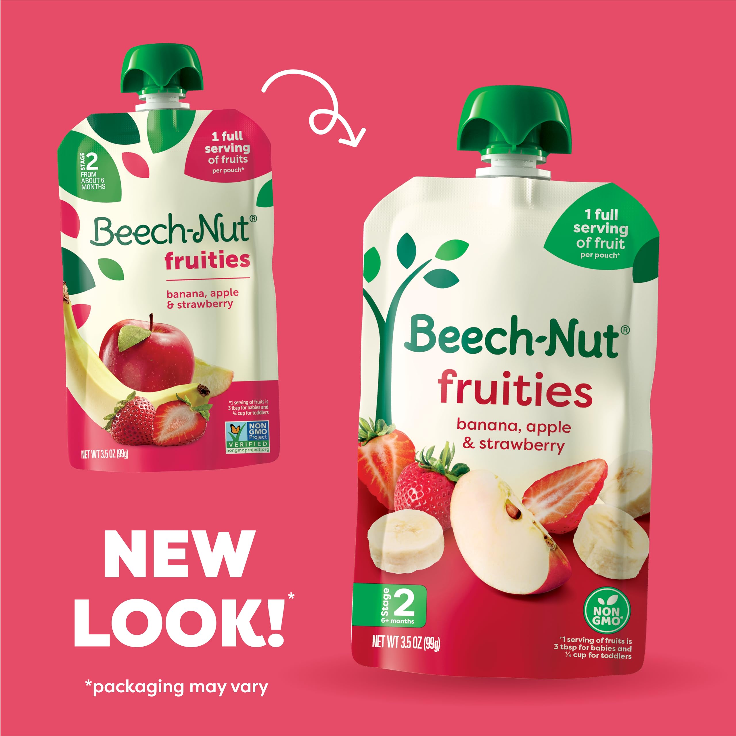 Beech-Nut Banana-Apple-Strawberry pouch supports early solids.